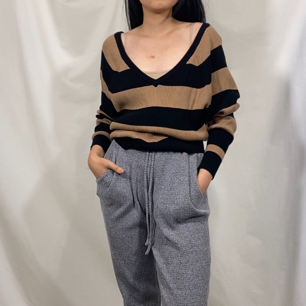 Chaser Tan and Brown Striped Low V Neck Sweater